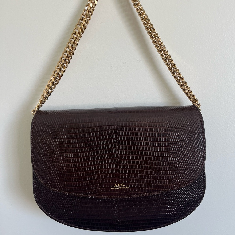 A.P.C Geneve Bag in Bordeaux Lizard Embossed Leather with Gold Chain